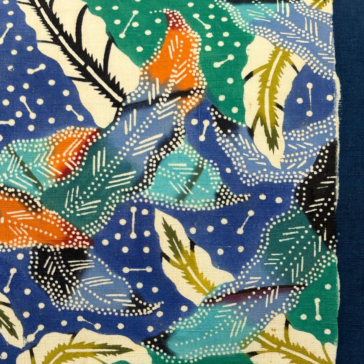 名古屋帯 落款 紬地 葉 幾何学模様 紺色 正絹