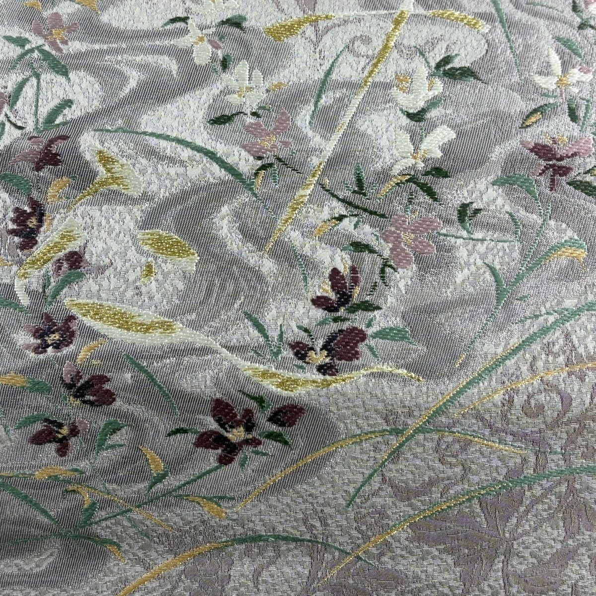 袋帯 葡萄唐草 草花 金糸 刺繍 灰紫 お太鼓柄 正絹