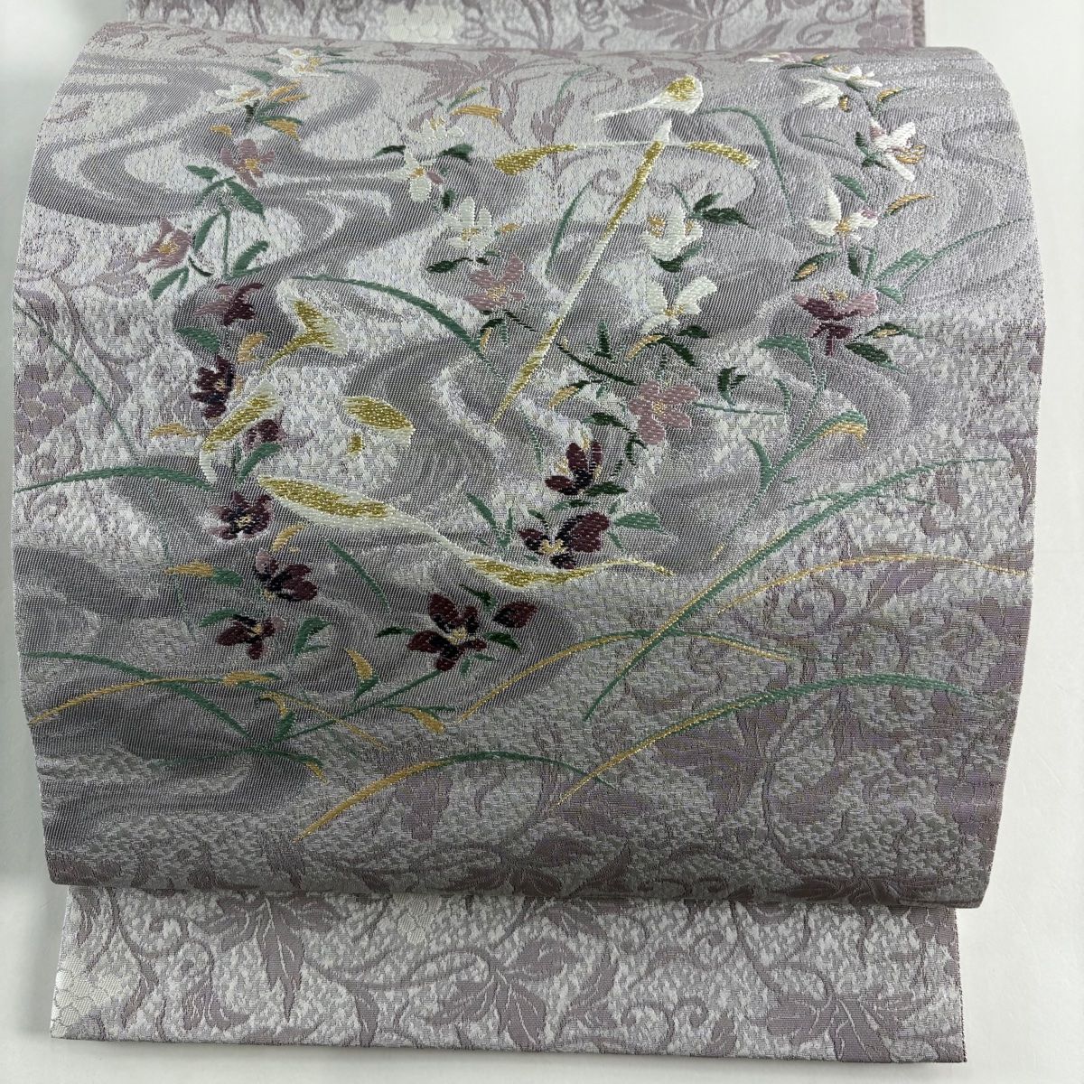 袋帯 葡萄唐草 草花 金糸 刺繍 灰紫 お太鼓柄 正絹