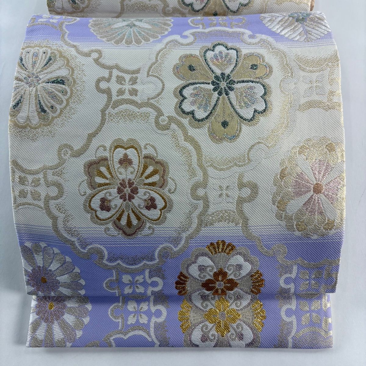 袋帯 華文 雪輪 金銀糸 箔 薄紫 六通 正絹