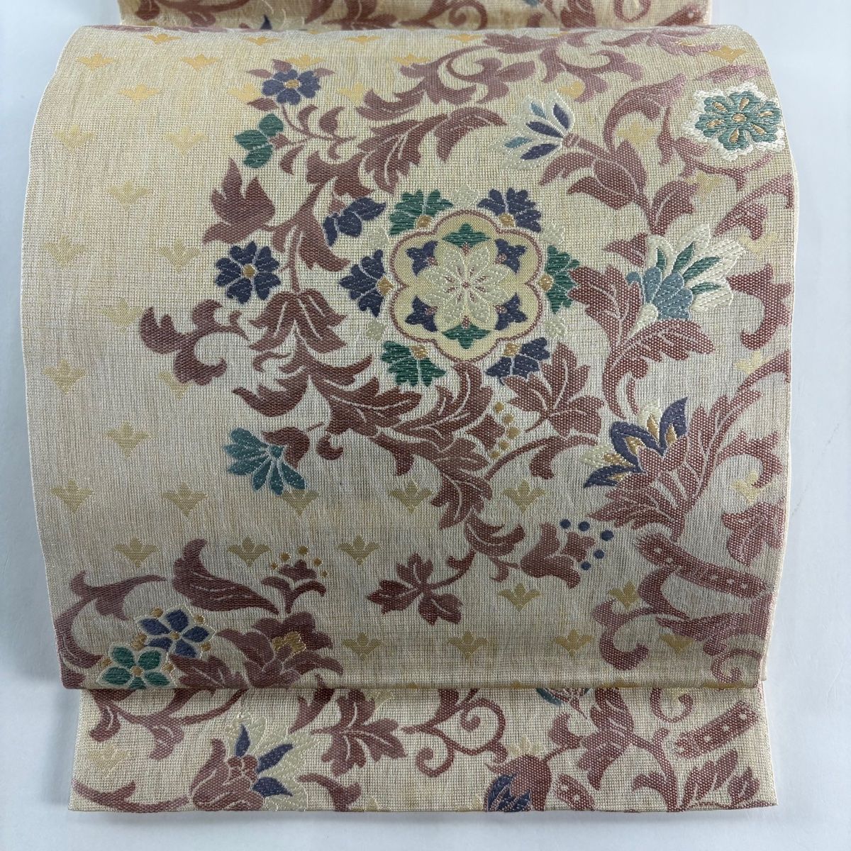 袋帯 華文 花唐草 金銀糸 刺繍 ベージュ 六通 正絹