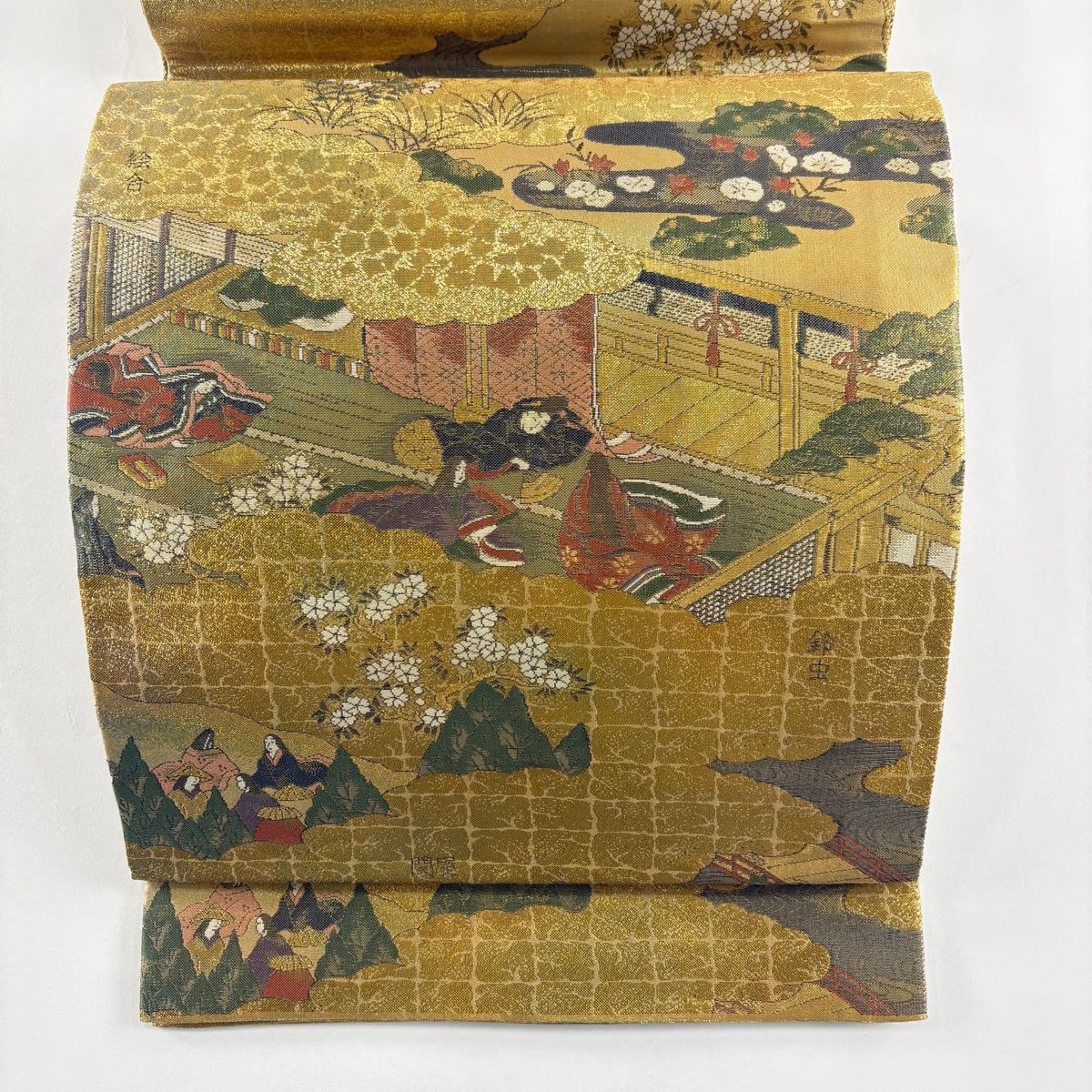 丸帯 落款 手先四通り 人物 草花 金糸 箔 金色 お太鼓柄 正絹