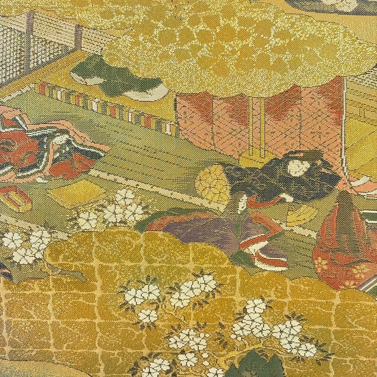 丸帯 落款 手先四通り 人物 草花 金糸 箔 金色 お太鼓柄 正絹