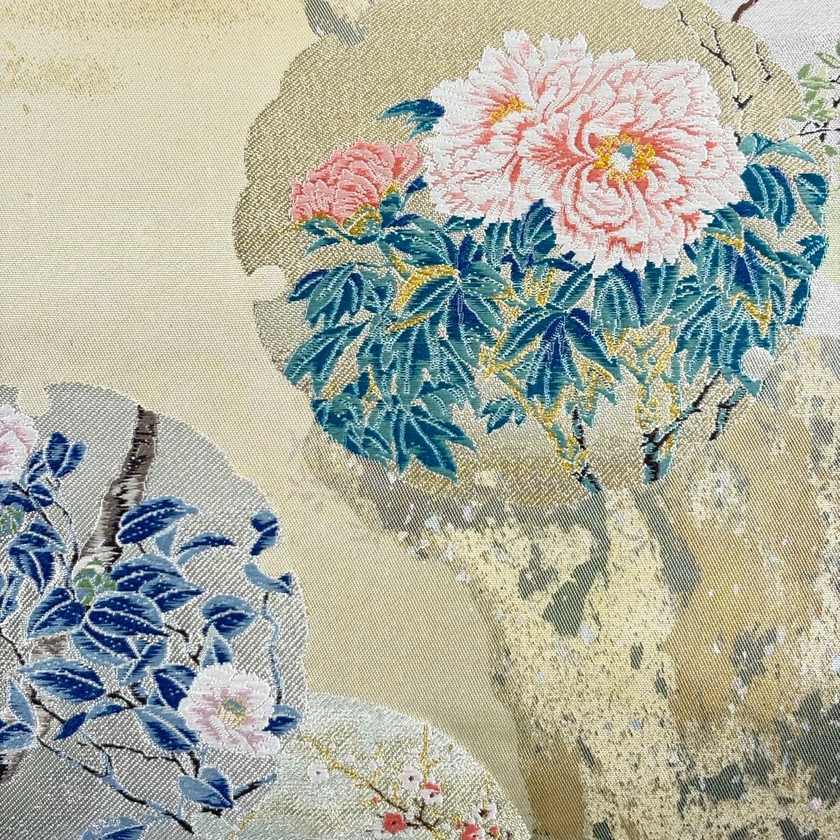 袋帯 TOKI志すい 落款 雪輪 花鳥 金銀糸 箔 灰緑 六通 正絹