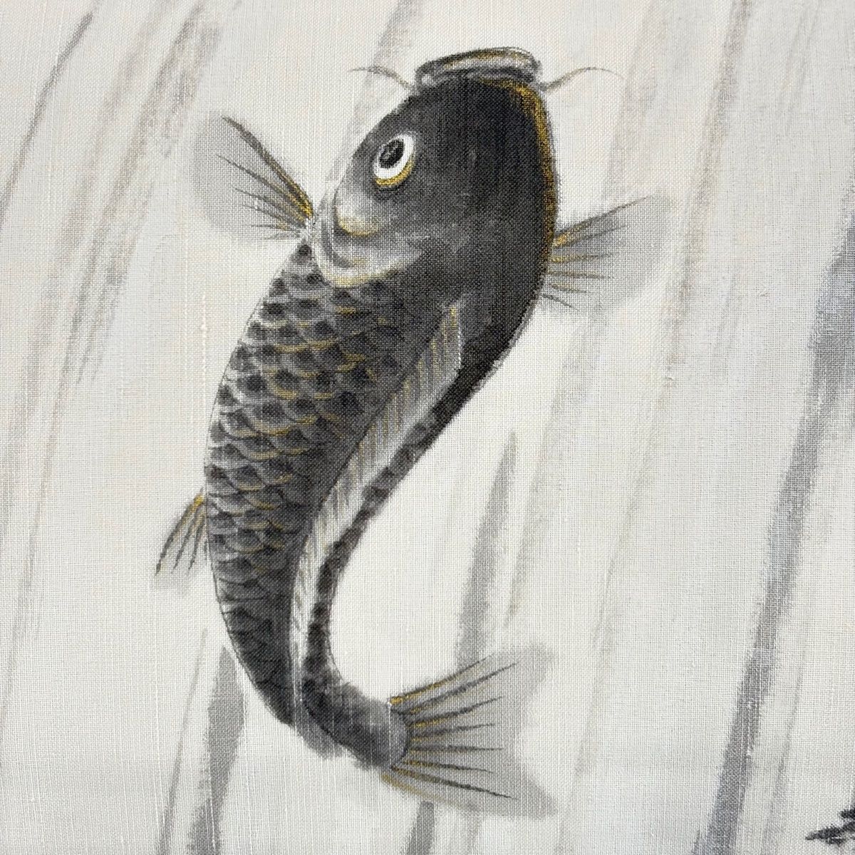 袋帯 落款 紬地 鯉の滝登り 金彩 クリーム お太鼓柄 正絹