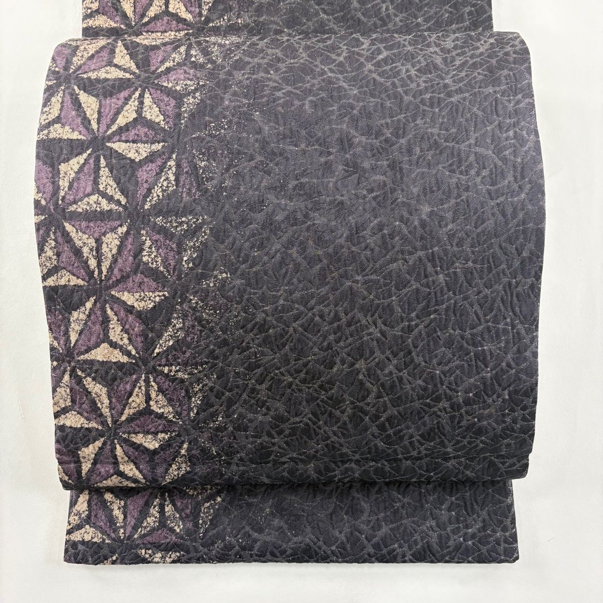 袋帯 麻の葉 幾何学模様 銀通し 濃紫 全通 正絹