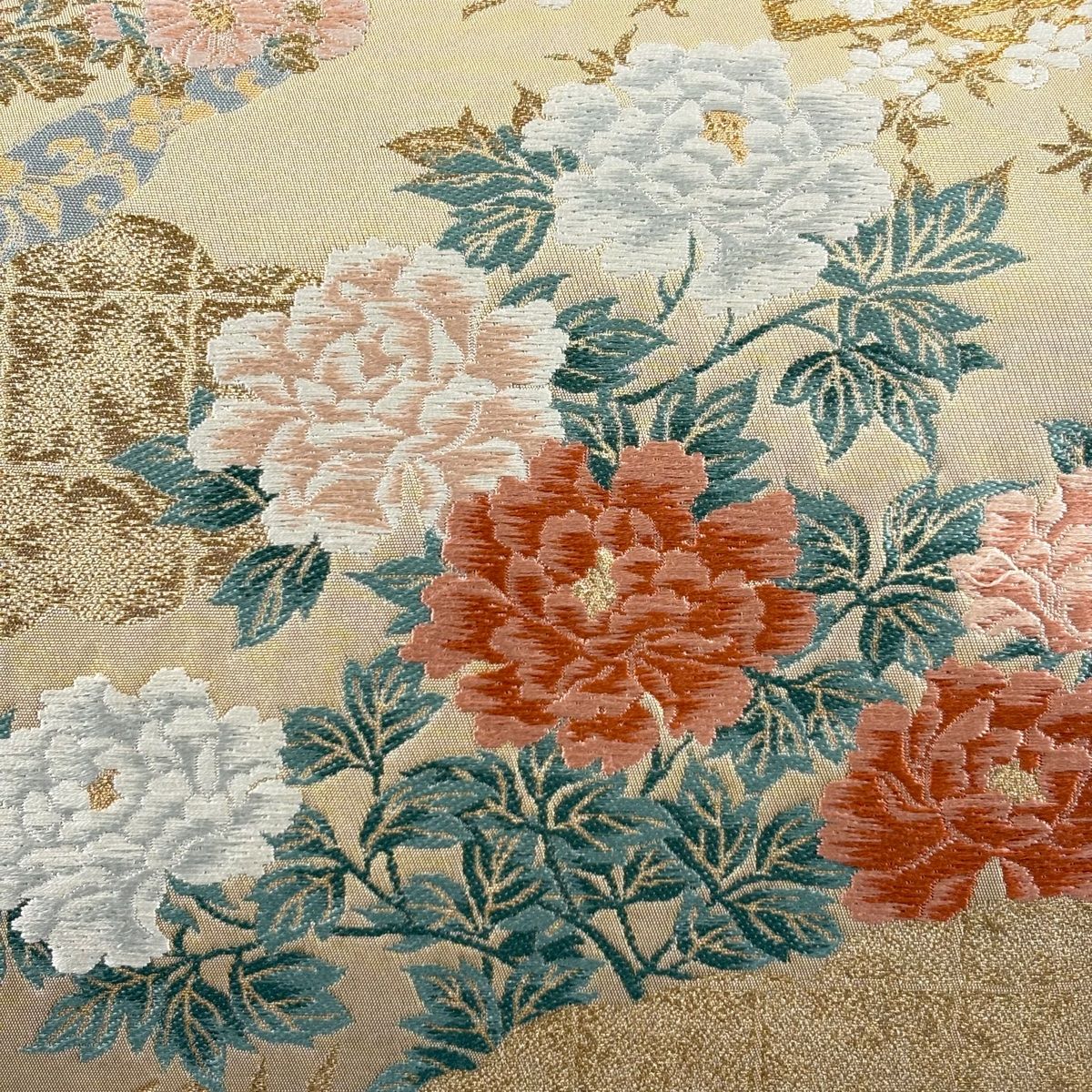 袋帯 じゅらく 落款 春秋草花図 金糸 箔 ベージュ 六通 正絹