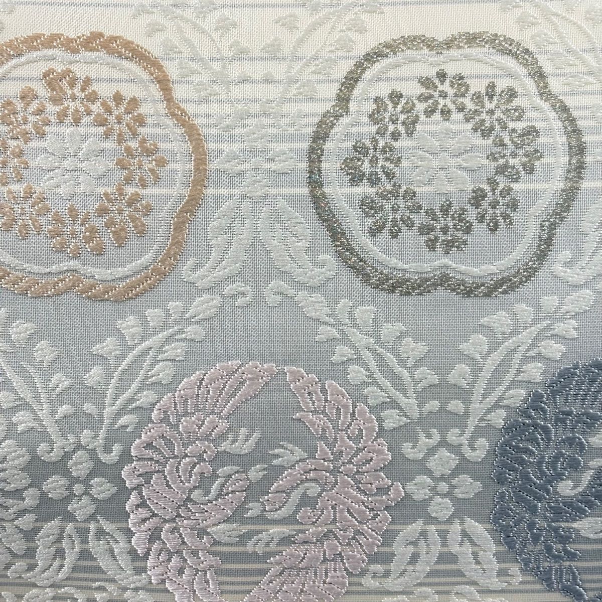 袋帯 草花 向い鳥 金銀糸 刺繍 灰白 六通 正絹