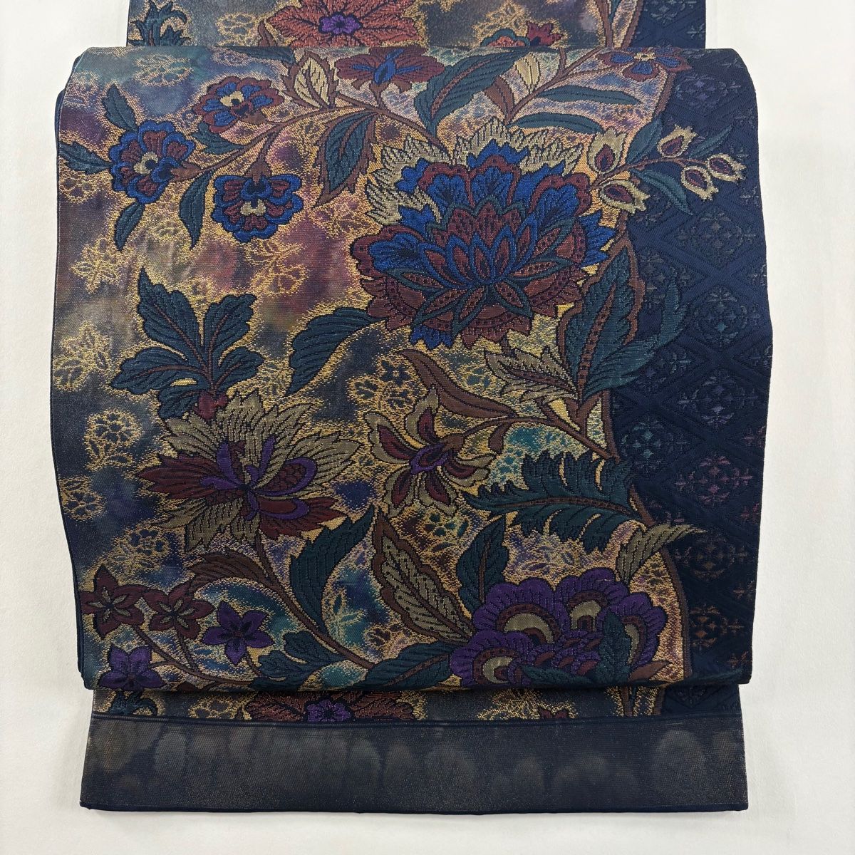 袋帯 関西仕立て 草花 箔 紺色 六通 正絹