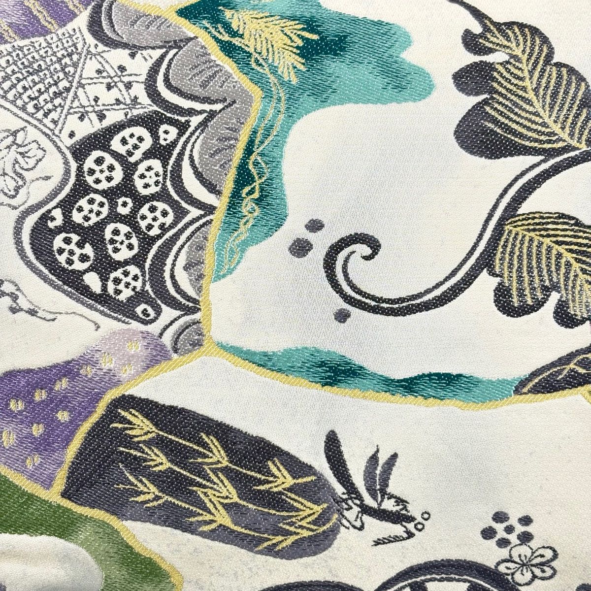 袋帯 片輪車 唐草 銀彩 クリーム 六通 正絹