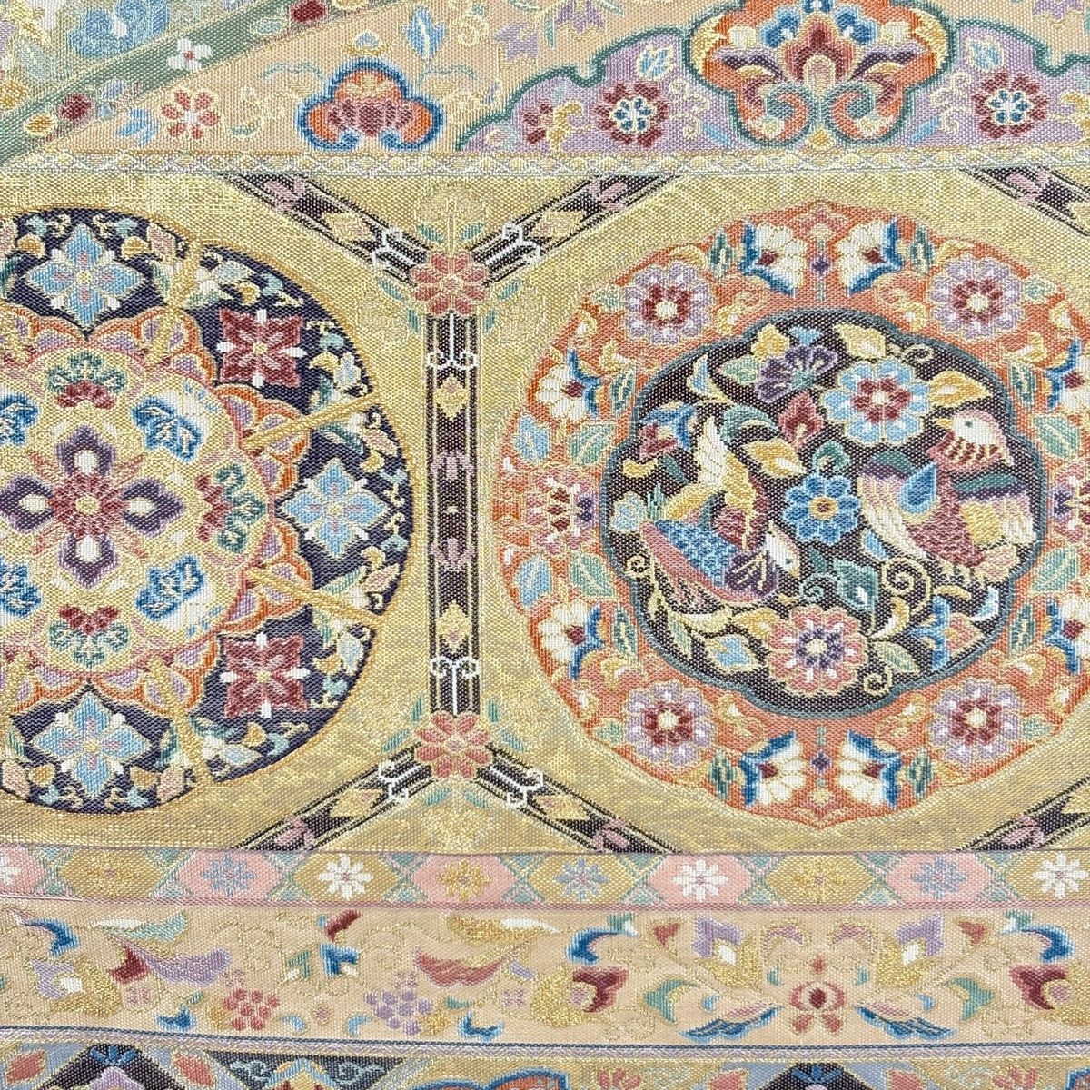 袋帯 関西仕立て 華文 花鳥 金糸 箔 金色 お太鼓柄 正絹