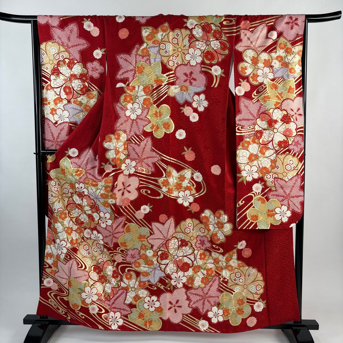 注文 振袖 身丈160.5cm 裄丈66cm M 袷 桜 流水 金彩 金糸 赤 正絹