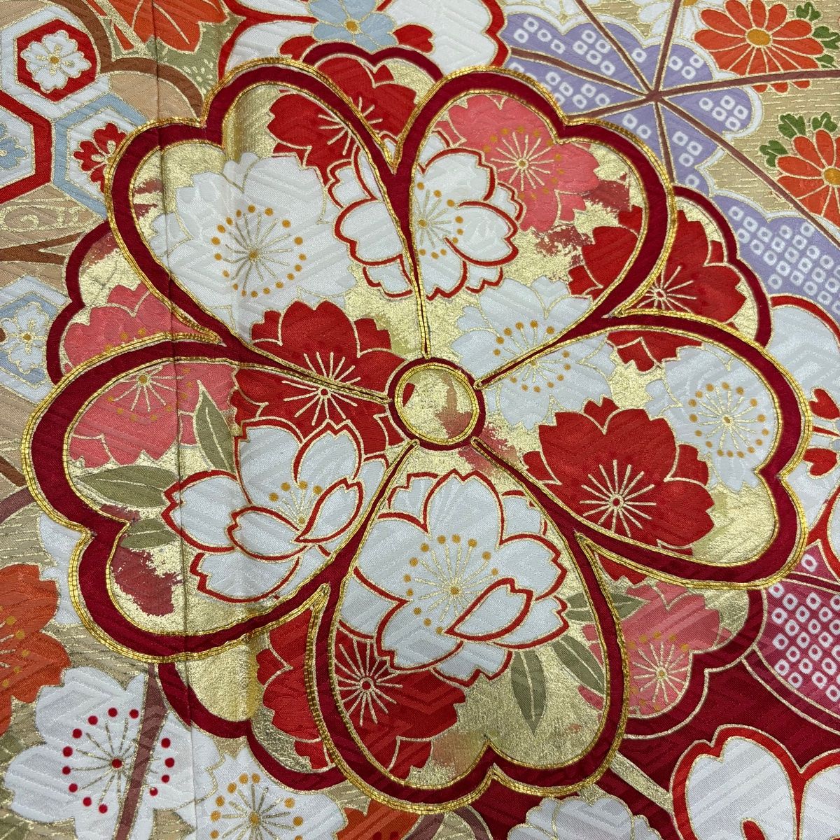  振袖 身丈160 5 cm 裄丈66 M 袷 桜 流水 金彩 金糸 赤 正絹 振袖 着物