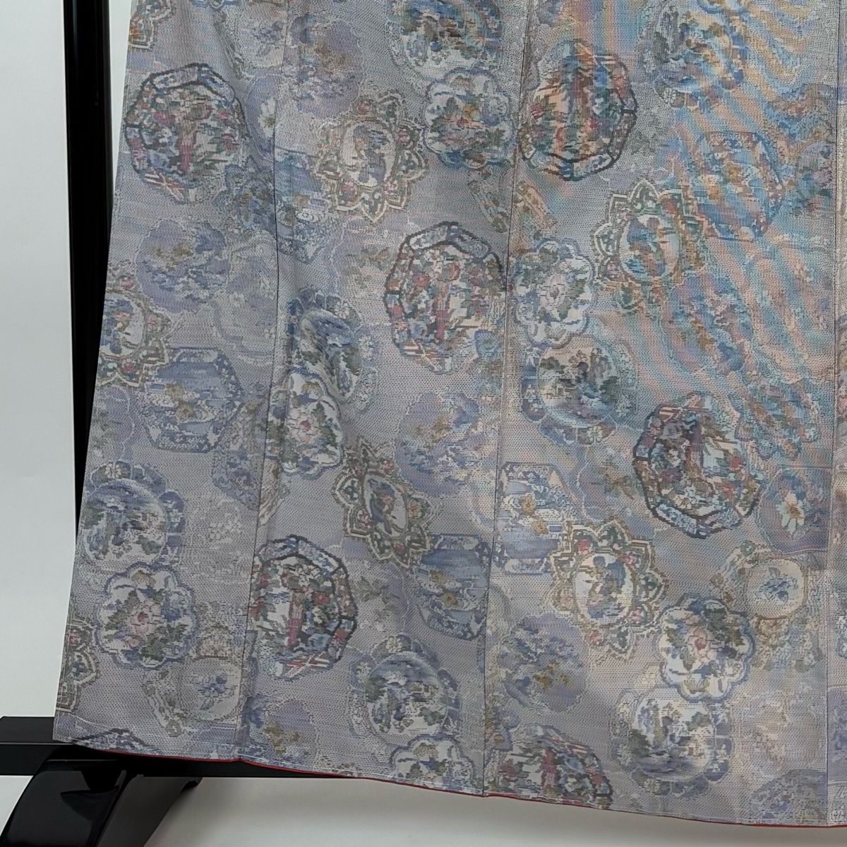 大島紬 身丈162.5 cm 裄丈66 M 袷 都喜ヱ門 バチ衿 証紙 絵皿 草花 灰紫 正絹