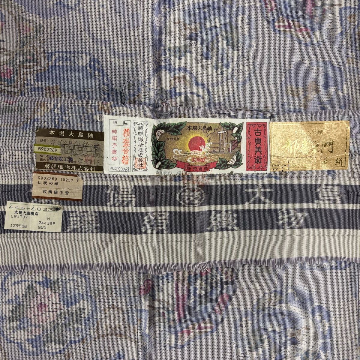  大島紬 身丈162.5 cm 裄丈66 M 袷 都喜ヱ門 バチ衿 証紙 絵皿 草花 灰紫 正絹 紬 着物