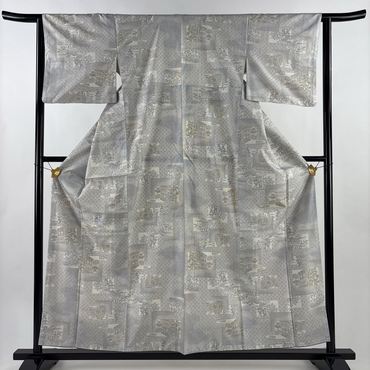 紬 身丈157 cm 裄丈64 M 袷 建物 樹木 灰白 正絹