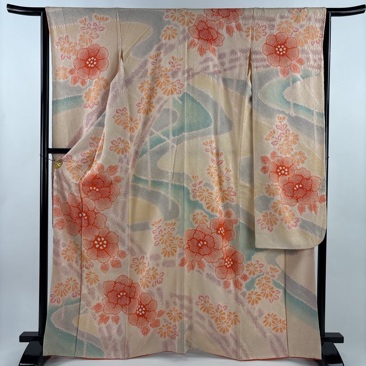 振袖 身丈164 5 cm 裄丈65 M 袷 草花 流水 総絞り 薄オレンジ 正絹
