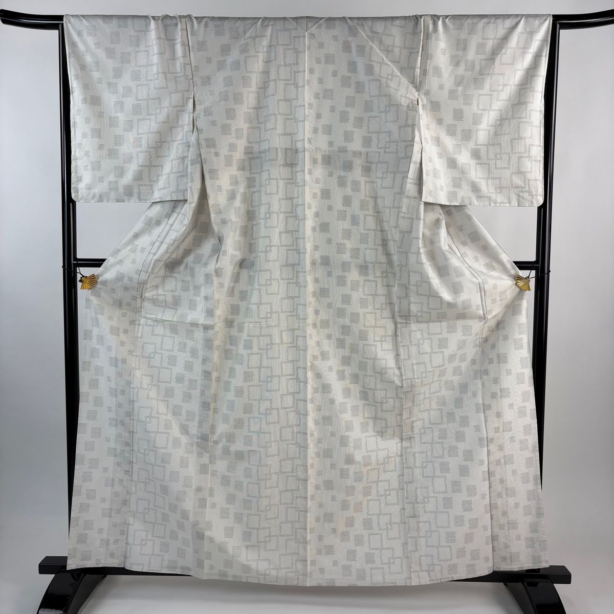 大島紬 身丈162 cm 裄丈66 M 単衣 証紙 縦縞 幾何学 灰白 正絹