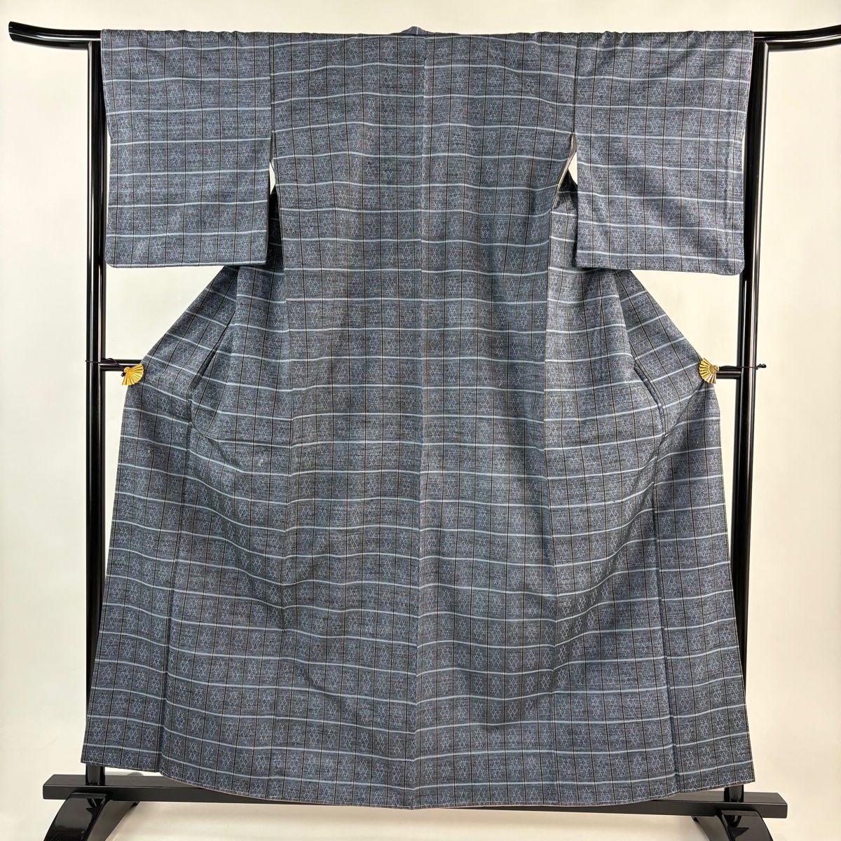 紬 身丈158.5 cm 裄丈63 S 袷 格子 幾何学 青灰色 正絹