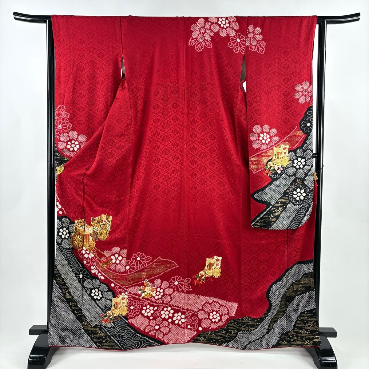 振袖 身丈165 cm 裄丈64.5 M 袷 御所車 花 絞り 刺繍 赤 正絹