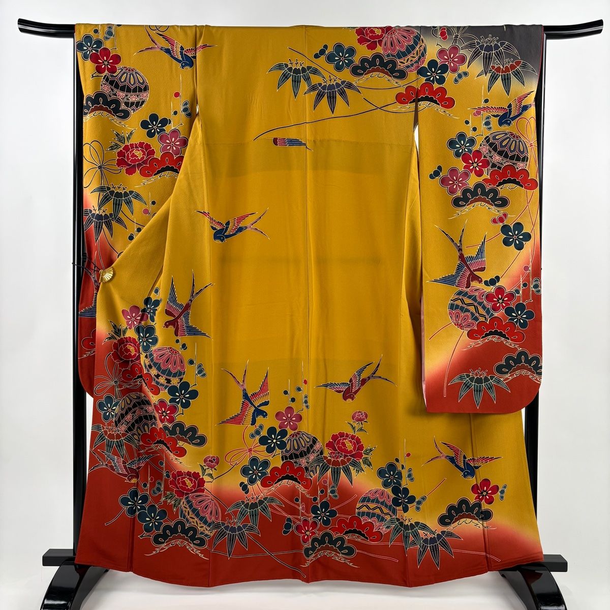 振袖 身丈162 cm 裄丈68 L 袷 松竹梅 手鞠 ぼかし 染め分け 山吹茶色 正絹