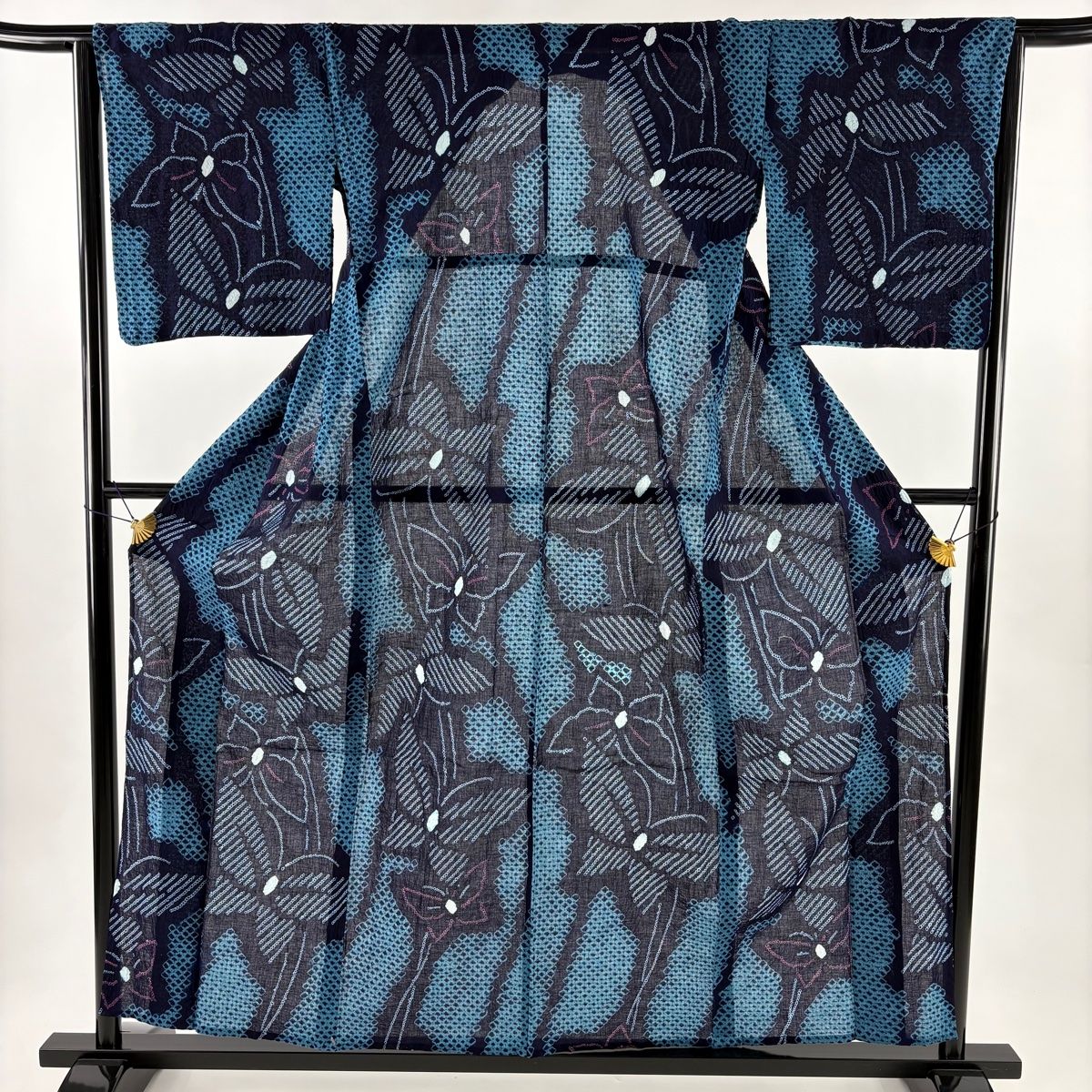 浴衣 身丈158 cm 裄丈63 5 S 絞り浴衣 蝶 藍色 綿