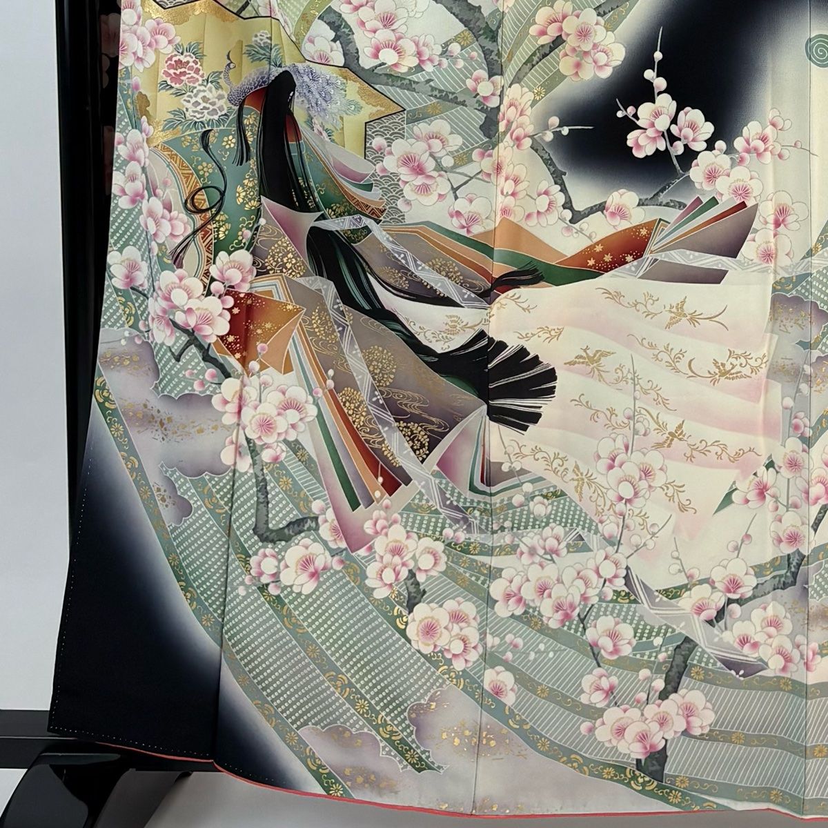 振袖 身丈162 cm 裄丈65 M 袷 姫 屏風 金彩 ぼかし 黒 正絹