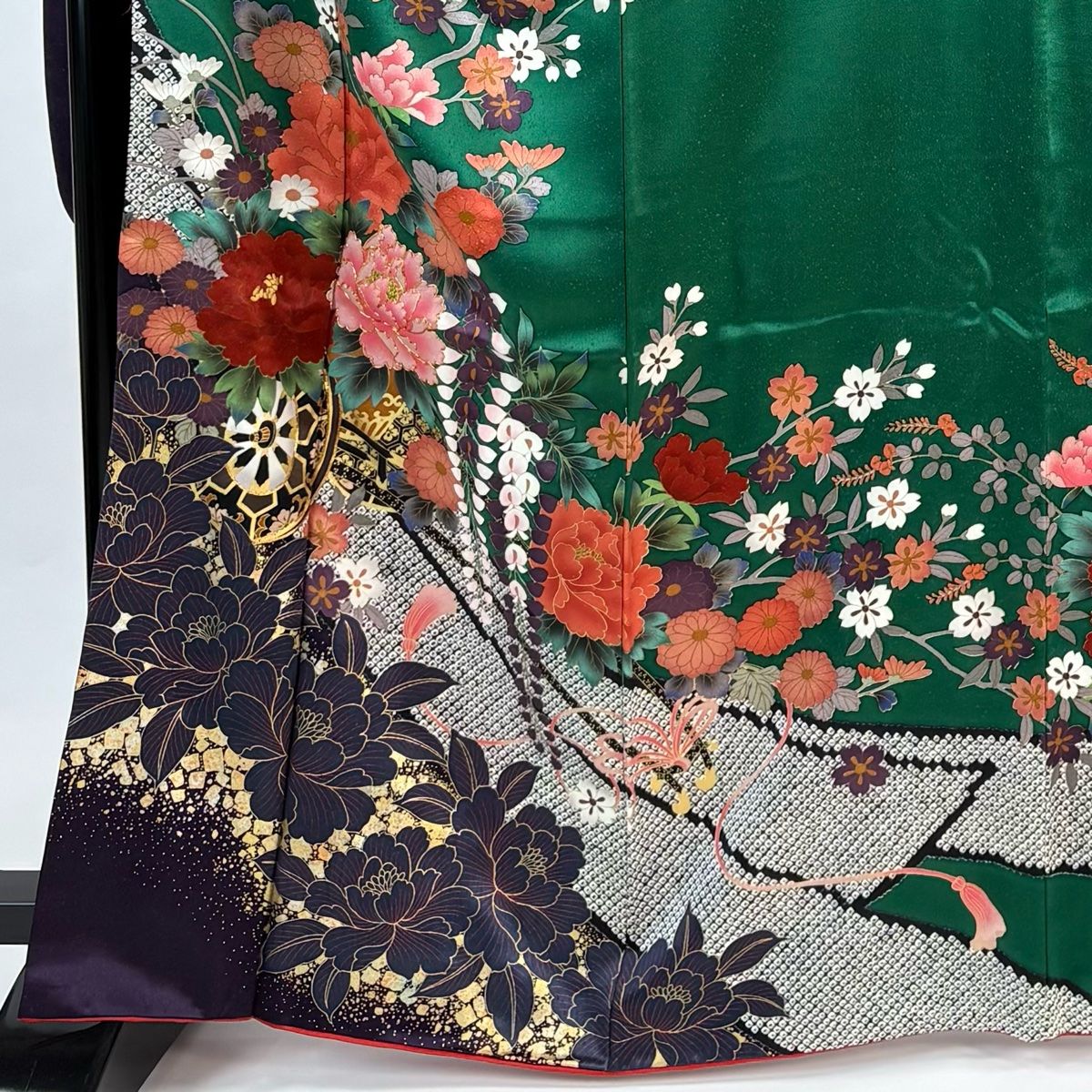 振袖 身丈165 cm 裄丈69 L 袷 花車 草花 金糸 金彩彩 緑 正絹
