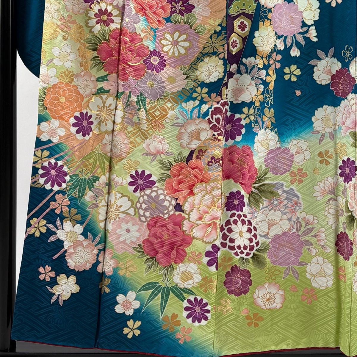 振袖 身丈156.5 cm 裄丈64 M 袷 牡丹 桜 金糸 金彩 青緑 正絹