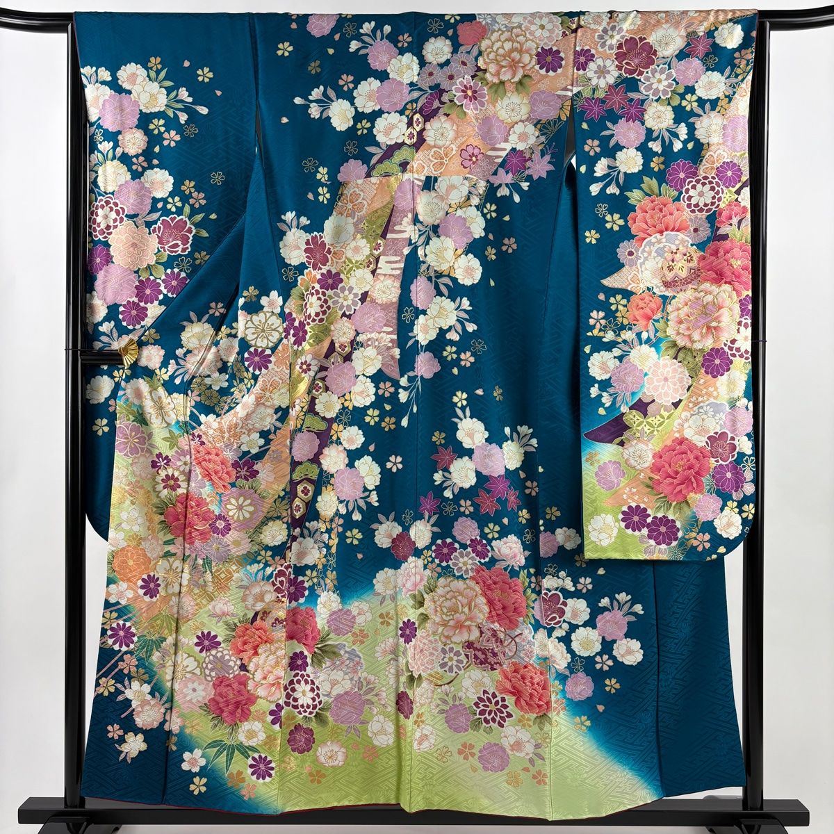 振袖 身丈156.5cm 裄丈64cm M 袷 牡丹 桜 金糸 金彩 青緑 正絹 名品