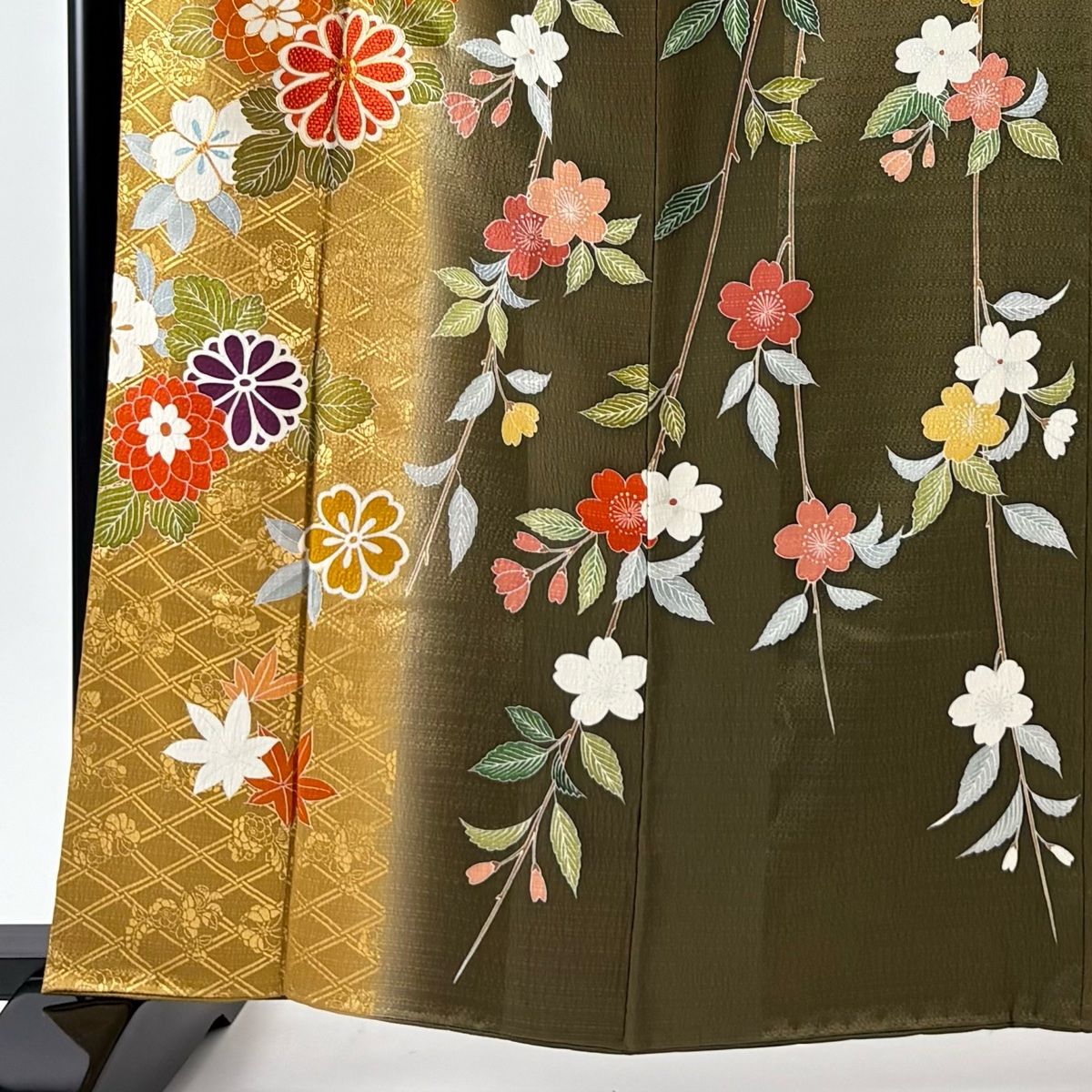 振袖 身丈163 cm 裄丈67 M 袷 菊 枝垂れ桜 金糸 金彩 茶緑色 正絹