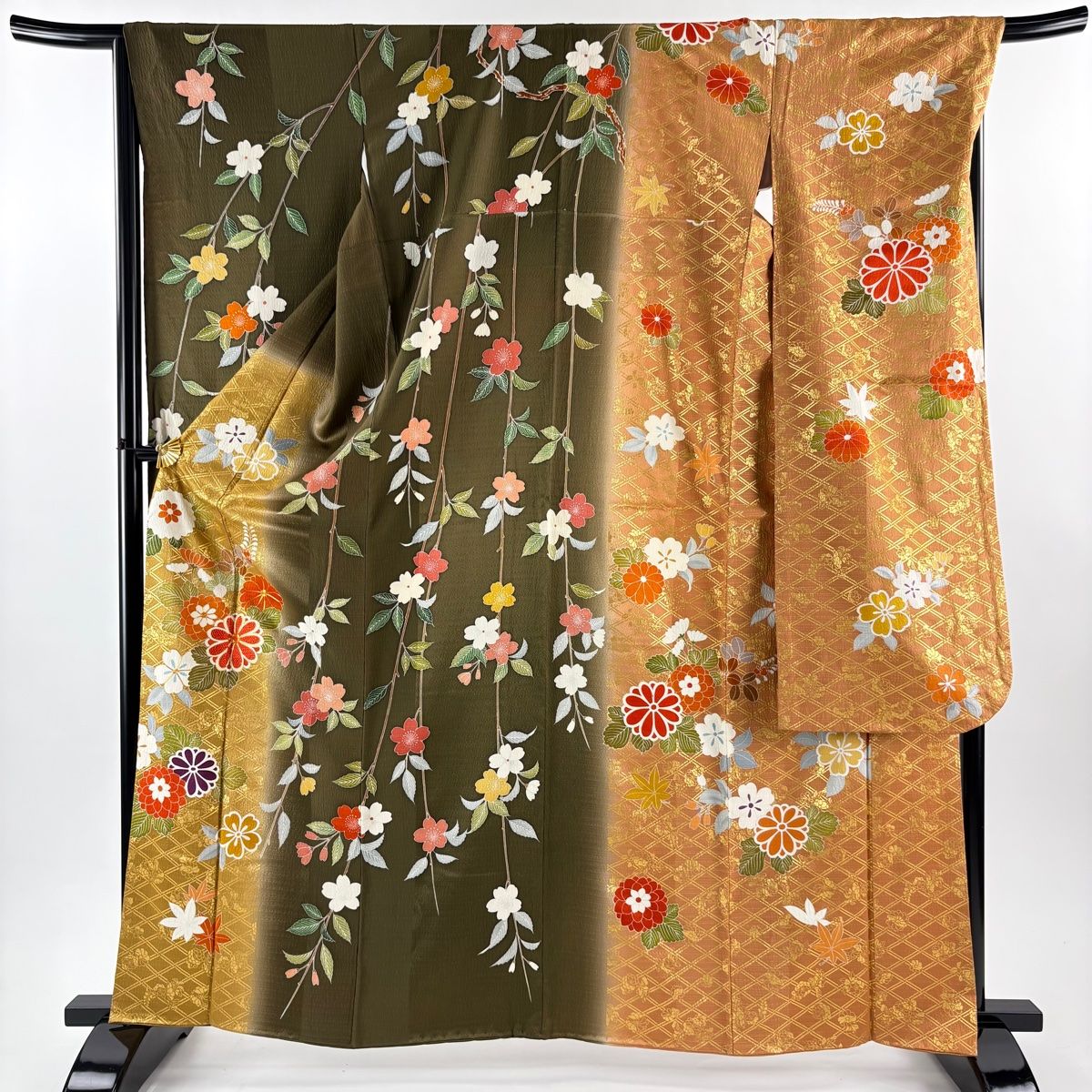 振袖 身丈163 cm 裄丈67 M 袷 菊 枝垂れ桜 金糸 金彩 茶緑色 正絹