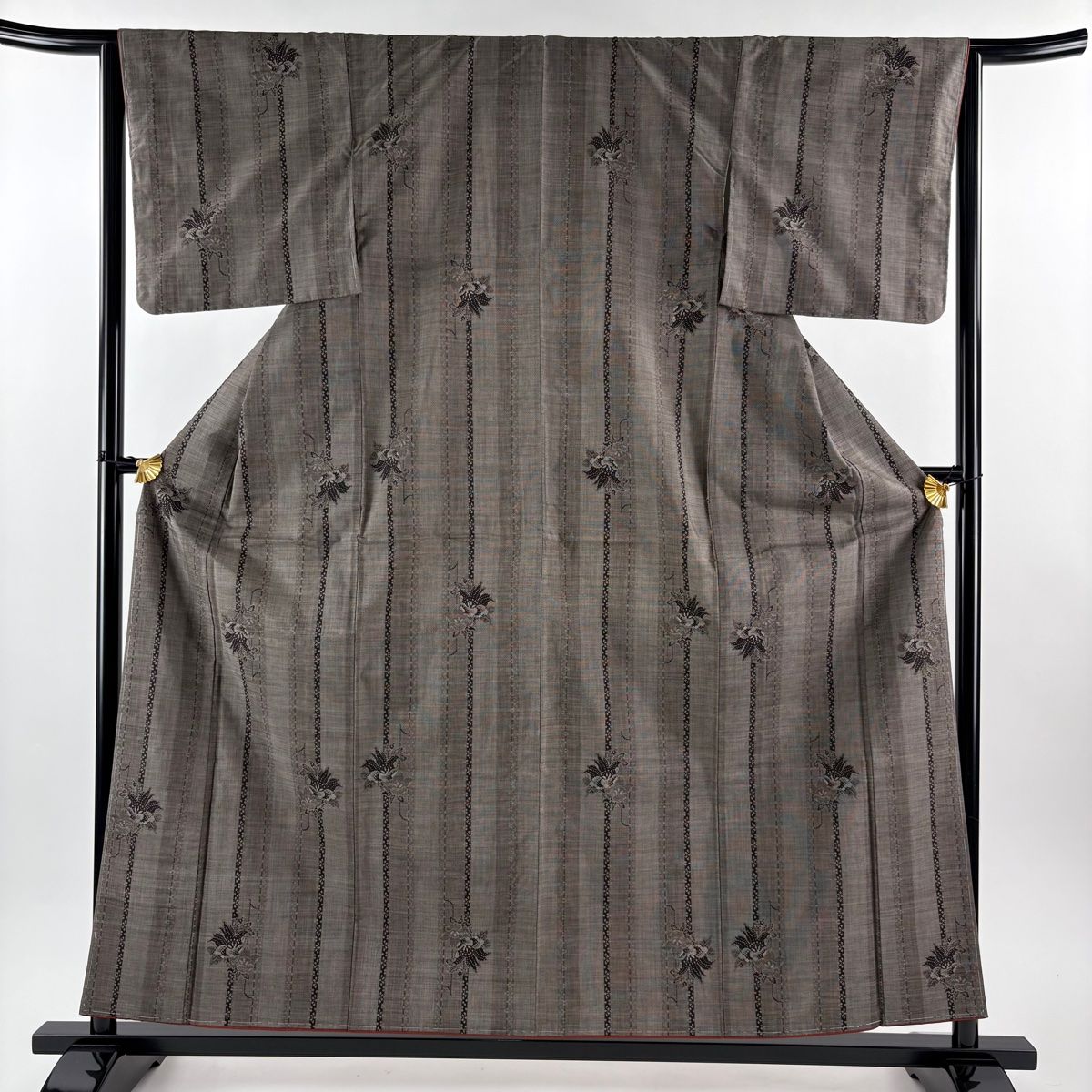 大島紬 身丈158 5 cm 裄丈63 S 袷 純泥染 証紙 草花 縞 灰茶 正絹