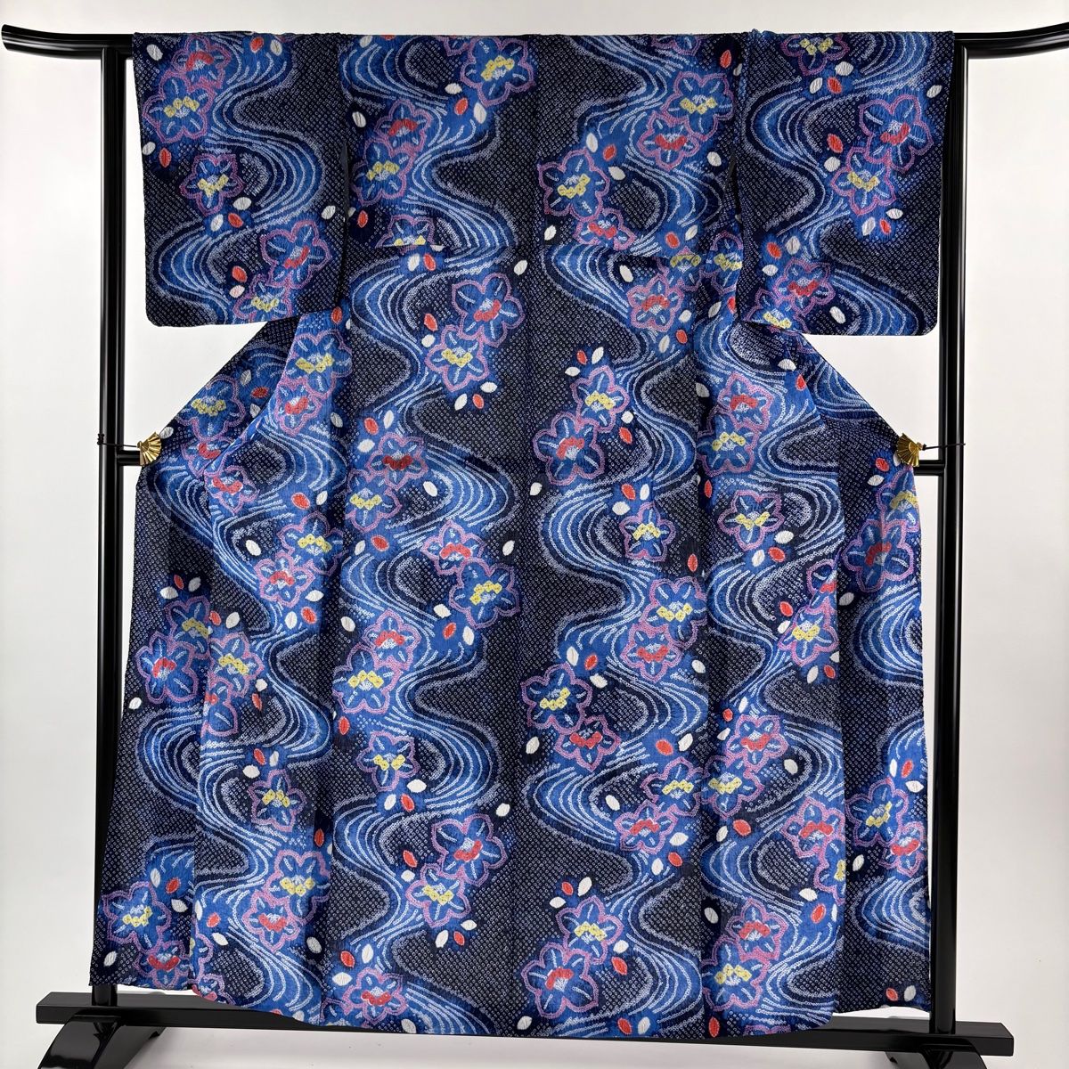 浴衣 身丈161 cm 裄丈62 5 S 絞り浴衣 流水 花 紺色 綿