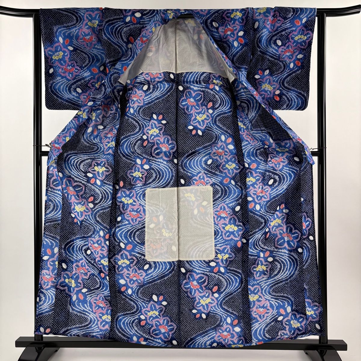  浴衣 身丈161 cm 裄丈62 5 S 絞り浴衣 流水 花 紺色 綿 浴衣単品 浴衣