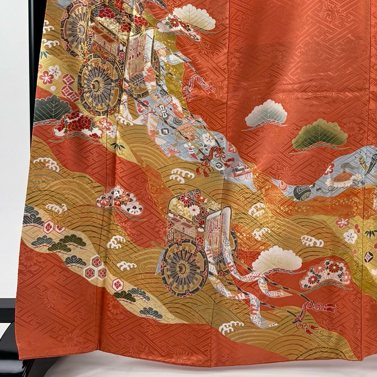 振袖 身丈166 cm 裄丈66 M 袷 落款 御所車 笠松 金糸 金彩 オレンジ 正絹