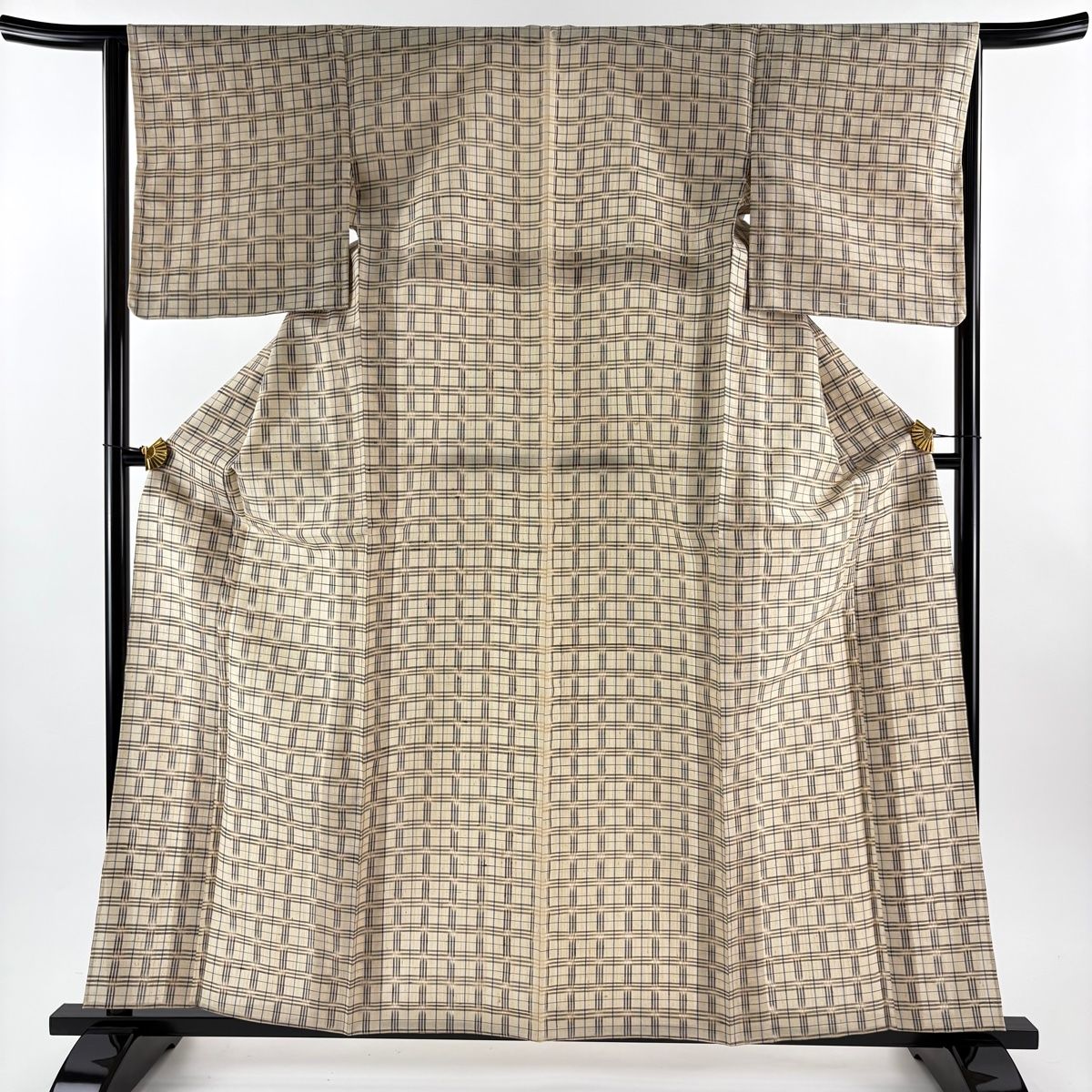 紬 身丈161 cm 裄丈64 M 単衣 バチ衿 格子 ベージュ 正絹