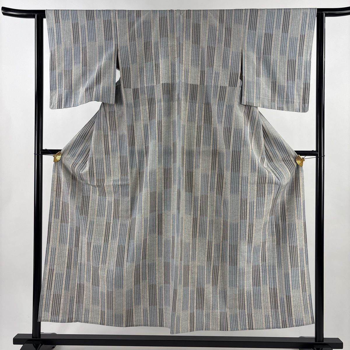 紬 身丈153.5cm 裄丈62cm S 単衣 縦縞 灰茶 正絹
