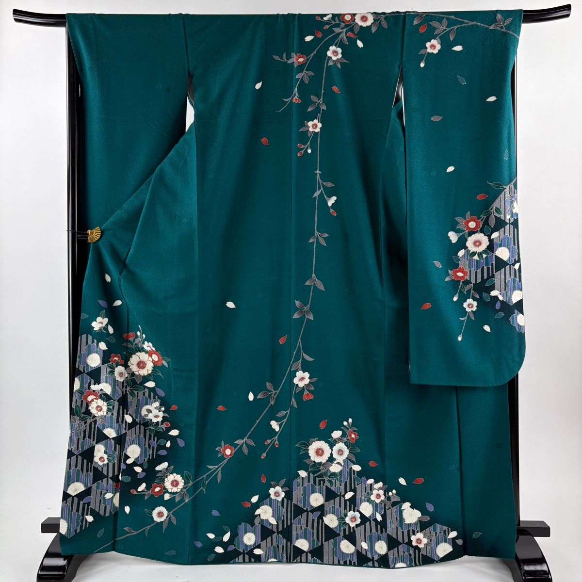 美品】 振袖 身丈169cm 裄丈68cm L 袷 桜 桜の花びら 金糸 金銀彩 緑