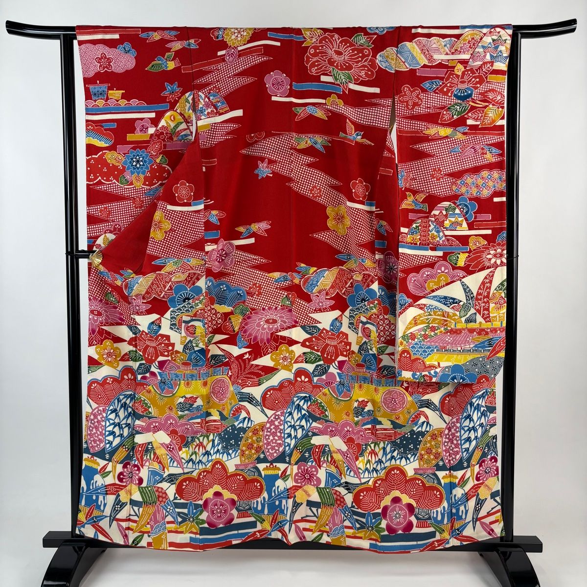 振袖 身丈159cm 裄丈65cm M 袷 松竹梅 家屋 縮緬 赤 正絹 名品 【中古