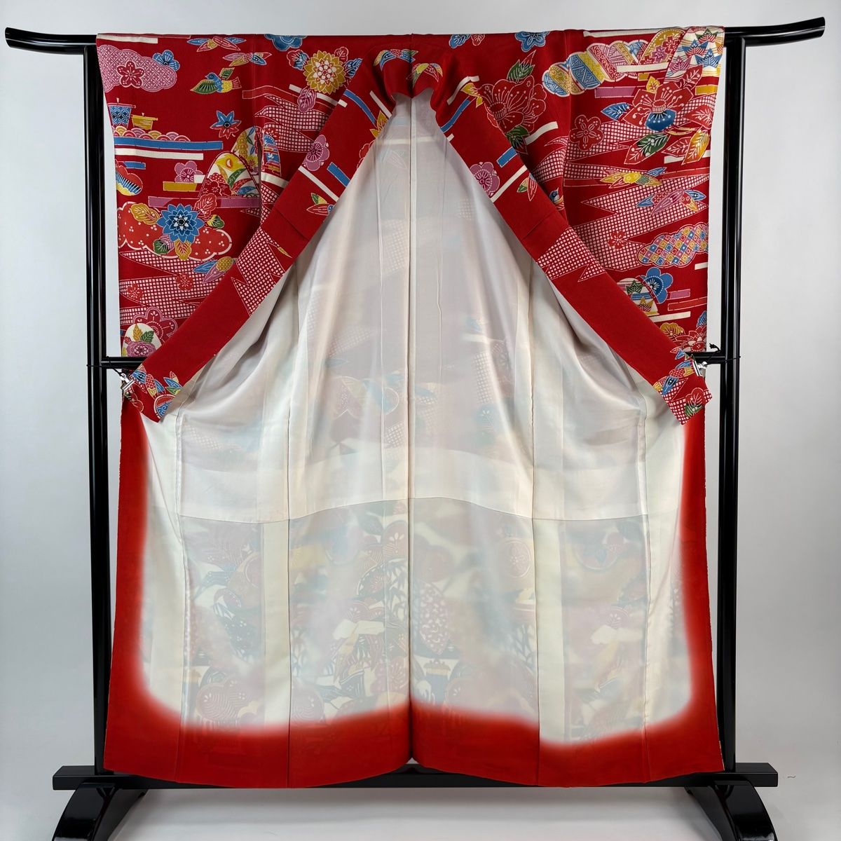 振袖 身丈159cm 裄丈65cm M 袷 松竹梅 家屋 縮緬 赤 正絹 名品 【中古