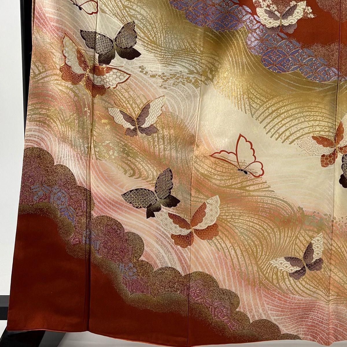 振袖 身丈166 cm 裄丈66.5 M 袷 山本寛斎 落款 蝶 波 金糸 金彩 赤茶 正絹