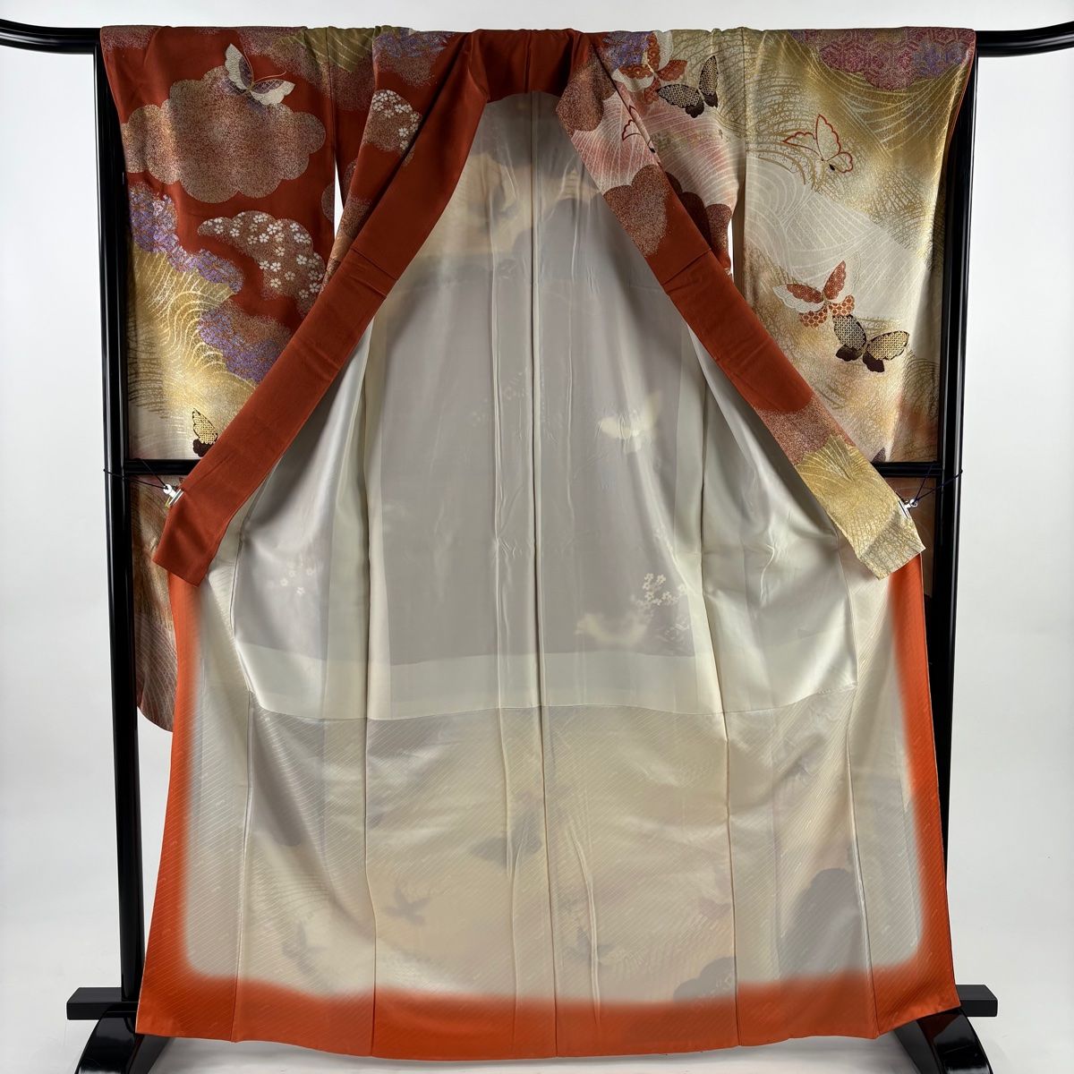  振袖 身丈166 cm 裄丈66 5 M 袷 山本寛斎 落款 蝶 波 金糸 金彩 赤茶 正絹 振袖 着物