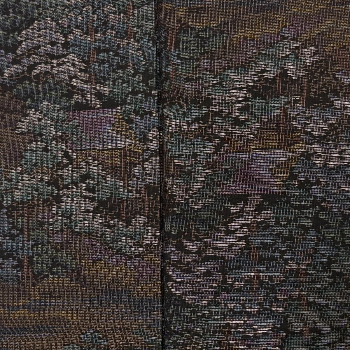  紬 身丈160.5 cm 裄丈65 M 袷 樹木 建物 焦茶色 正絹 紬 着物