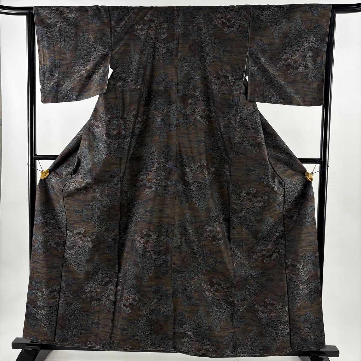 紬 身丈160.5 cm 裄丈65 M 袷 樹木 建物 焦茶色 正絹
