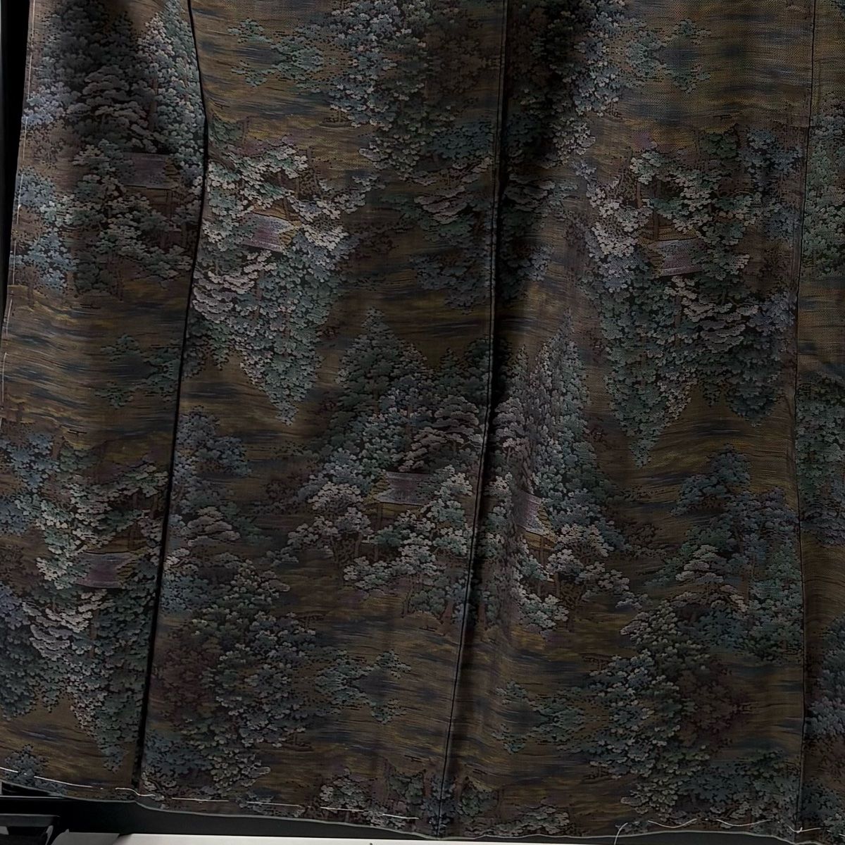 紬 身丈160.5 cm 裄丈65 M 袷 樹木 建物 焦茶色 正絹