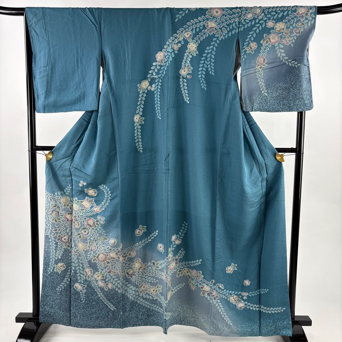 訪問着 身丈162cm 裄丈68cm L 袷 辻が花 ぼかし 青緑 正絹 名品 【中古