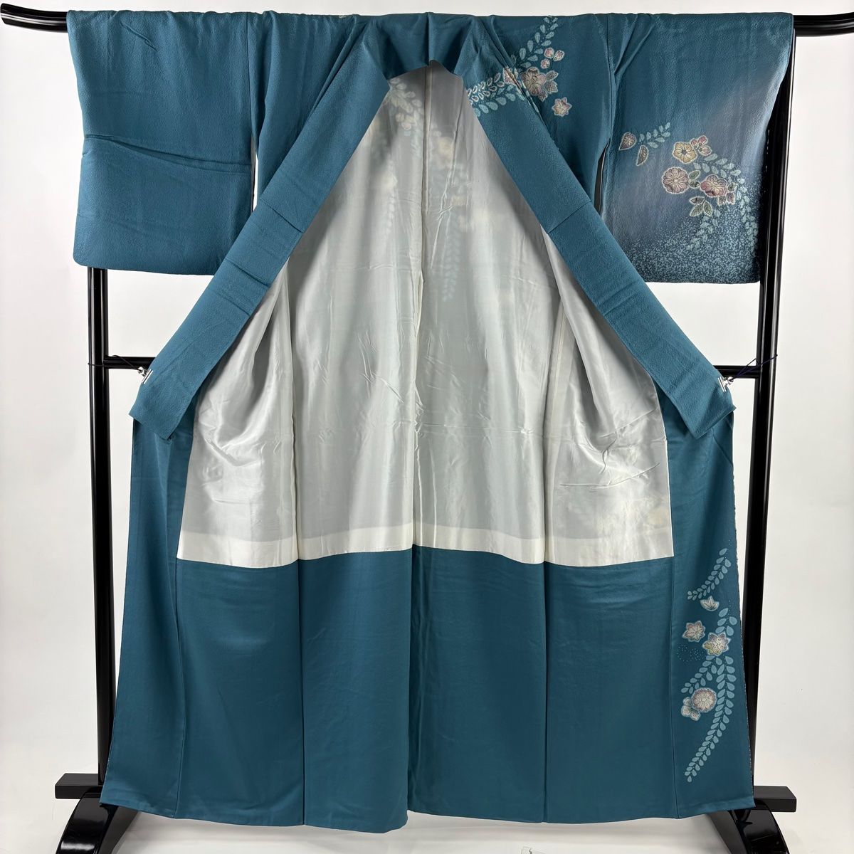 訪問着 身丈162cm 裄丈68cm L 袷 辻が花 ぼかし 青緑 正絹 名品 【中古