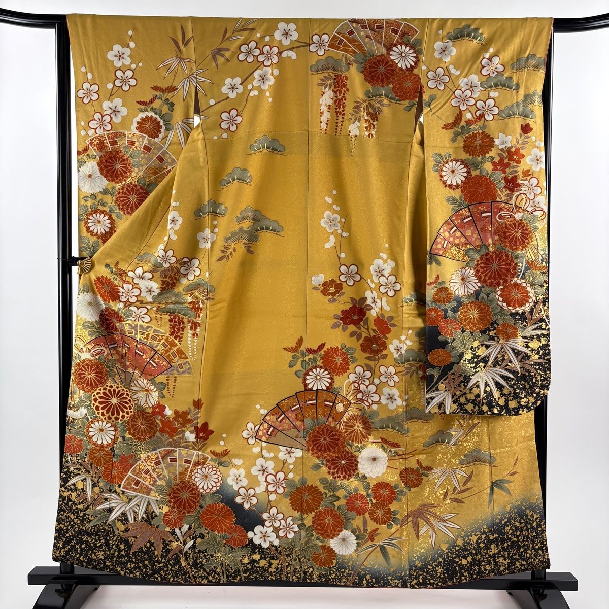 振袖 身丈159 cm 裄丈65 M 袷 桧扇 松竹梅 金通し 金糸 黄土色 正絹