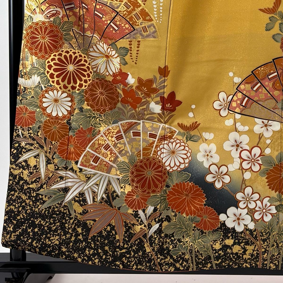 振袖 身丈159 cm 裄丈65 M 袷 桧扇 松竹梅 金通し 金糸 黄土色 正絹